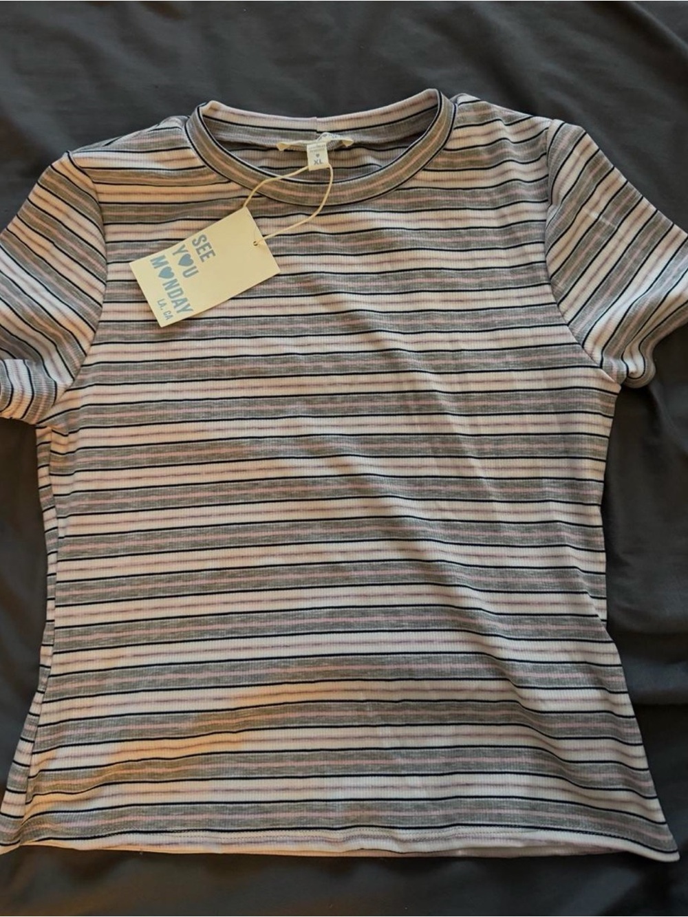 Striped Short Sleeve Tee - Pink & Gray - Unknown Brand
